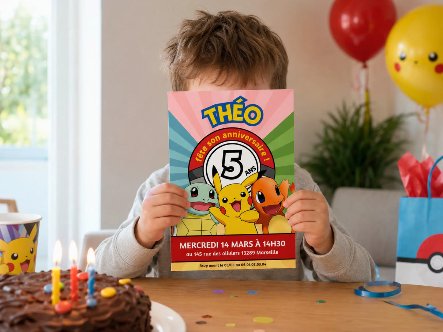 Enfant présentant une invitation anniversaire Pokémon personnalisée avec Pikachu, Salamèche et Carapuce lors d’une fête d’anniversaire.