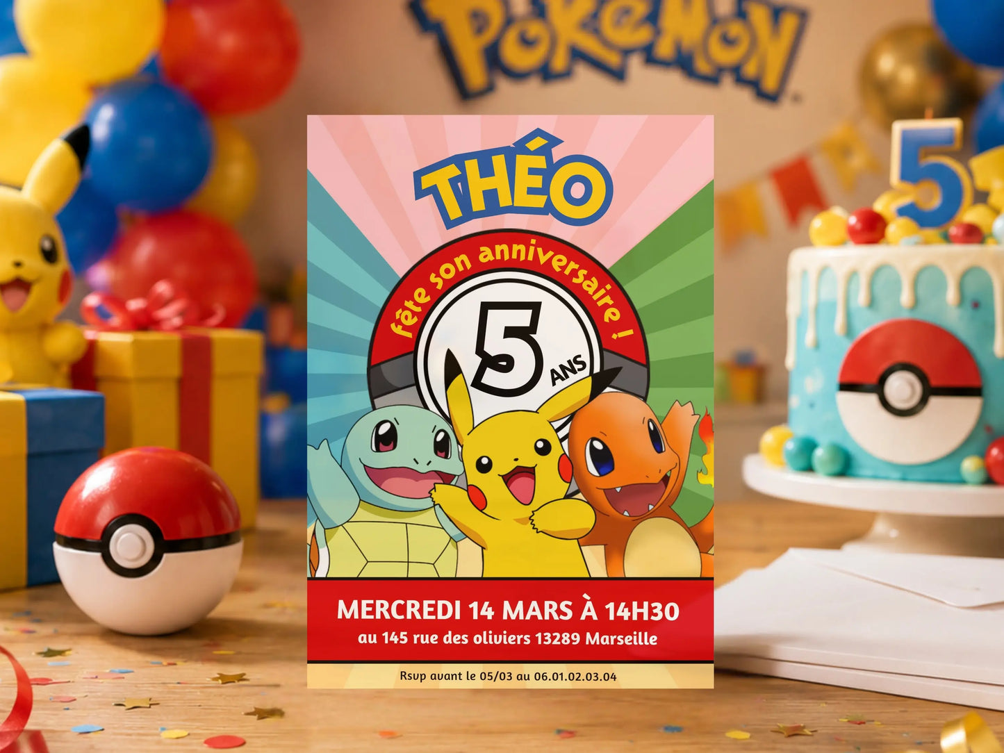 Invitation anniversaire Pokémon personnalisée avec Pikachu, Salamèche et Carapuce devant une décoration de fête Pokémon pour enfant.