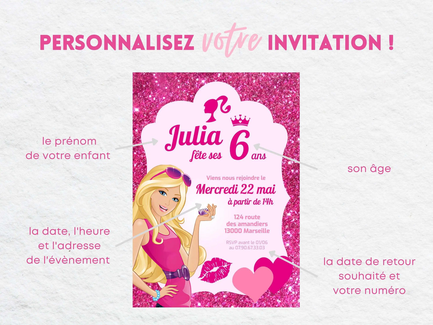 Invitations personnalisées anniversaire BARBIE