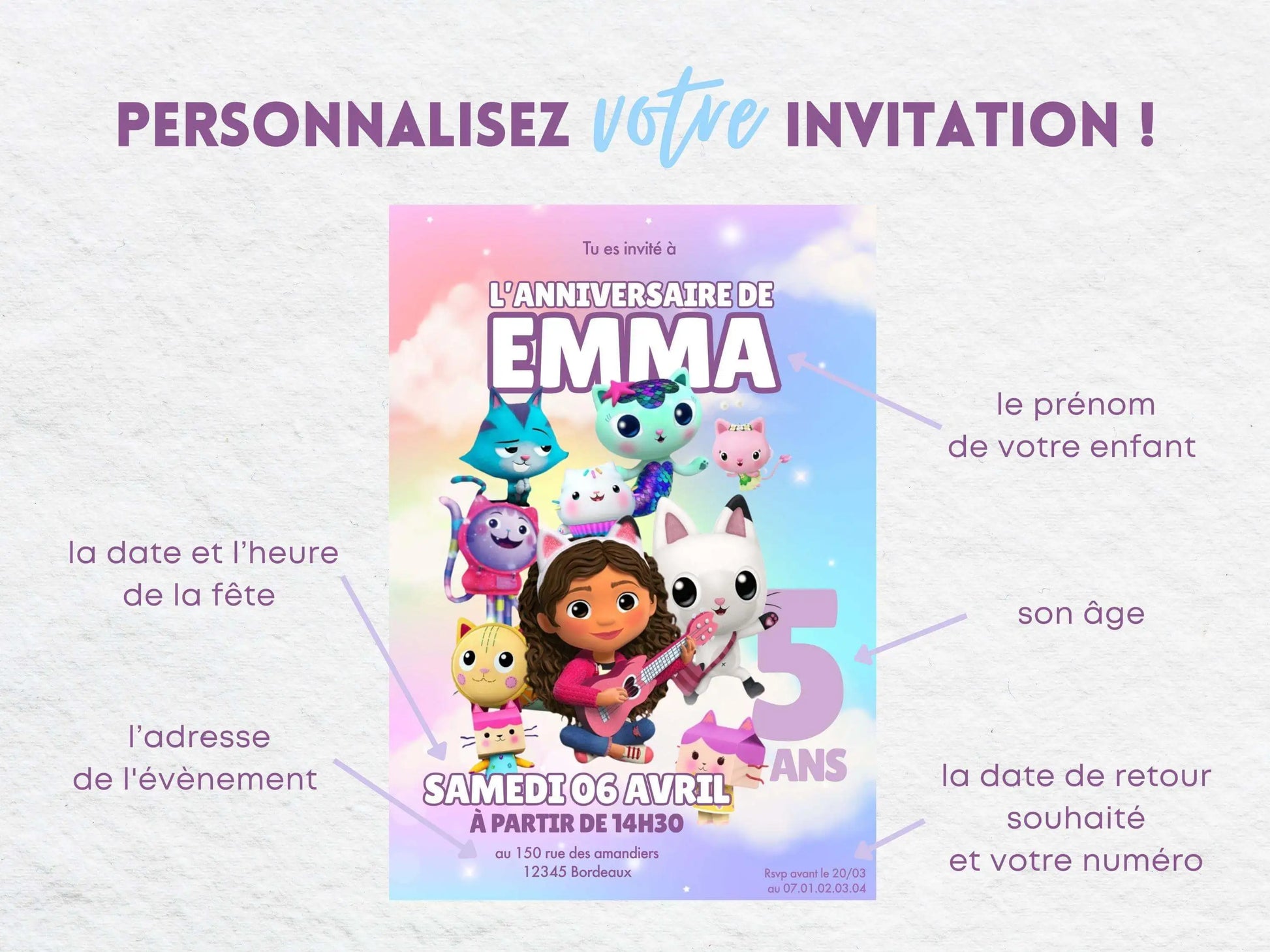 Invitations personnalisées anniversaire GABBY ET LA MAISON MAGIQUE