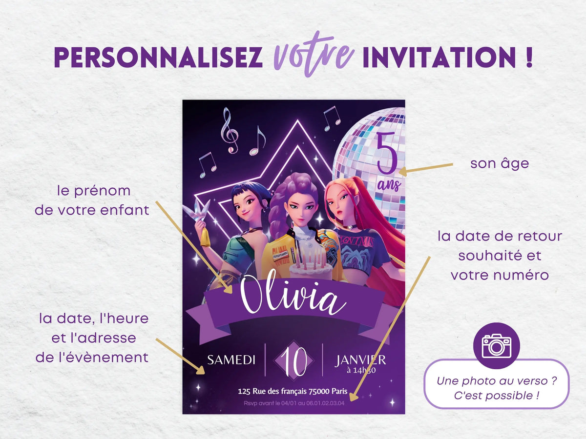 Invitations personnalisées anniversaire KPOP DEMON HUNTERS