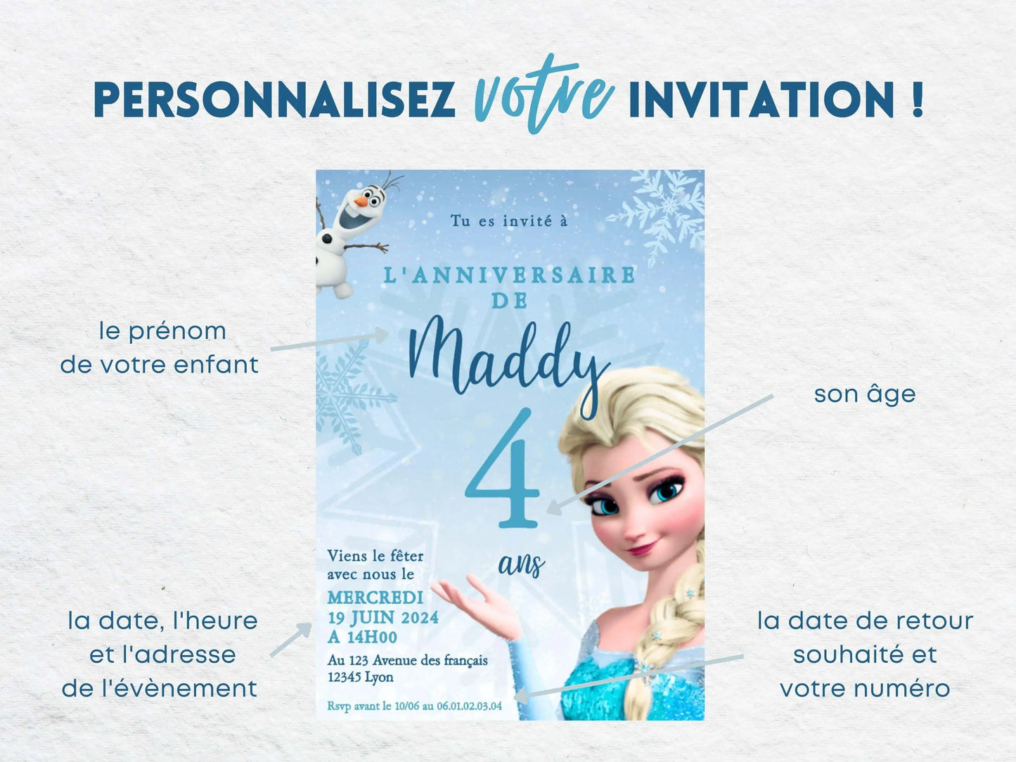Invitations personnalisées anniversaire LA REINE DES NEIGES