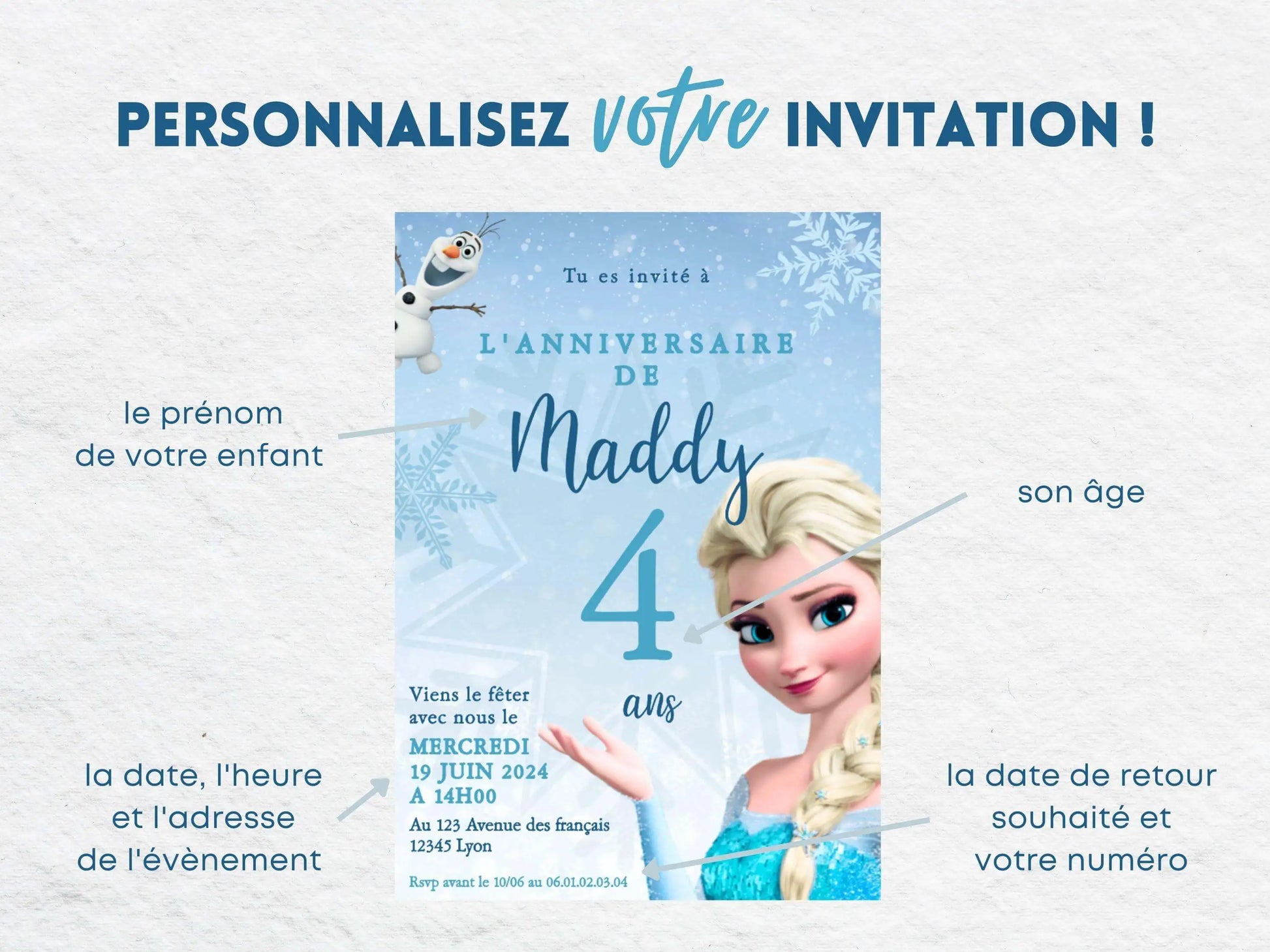 Invitations personnalisées anniversaire LA REINE DES NEIGES