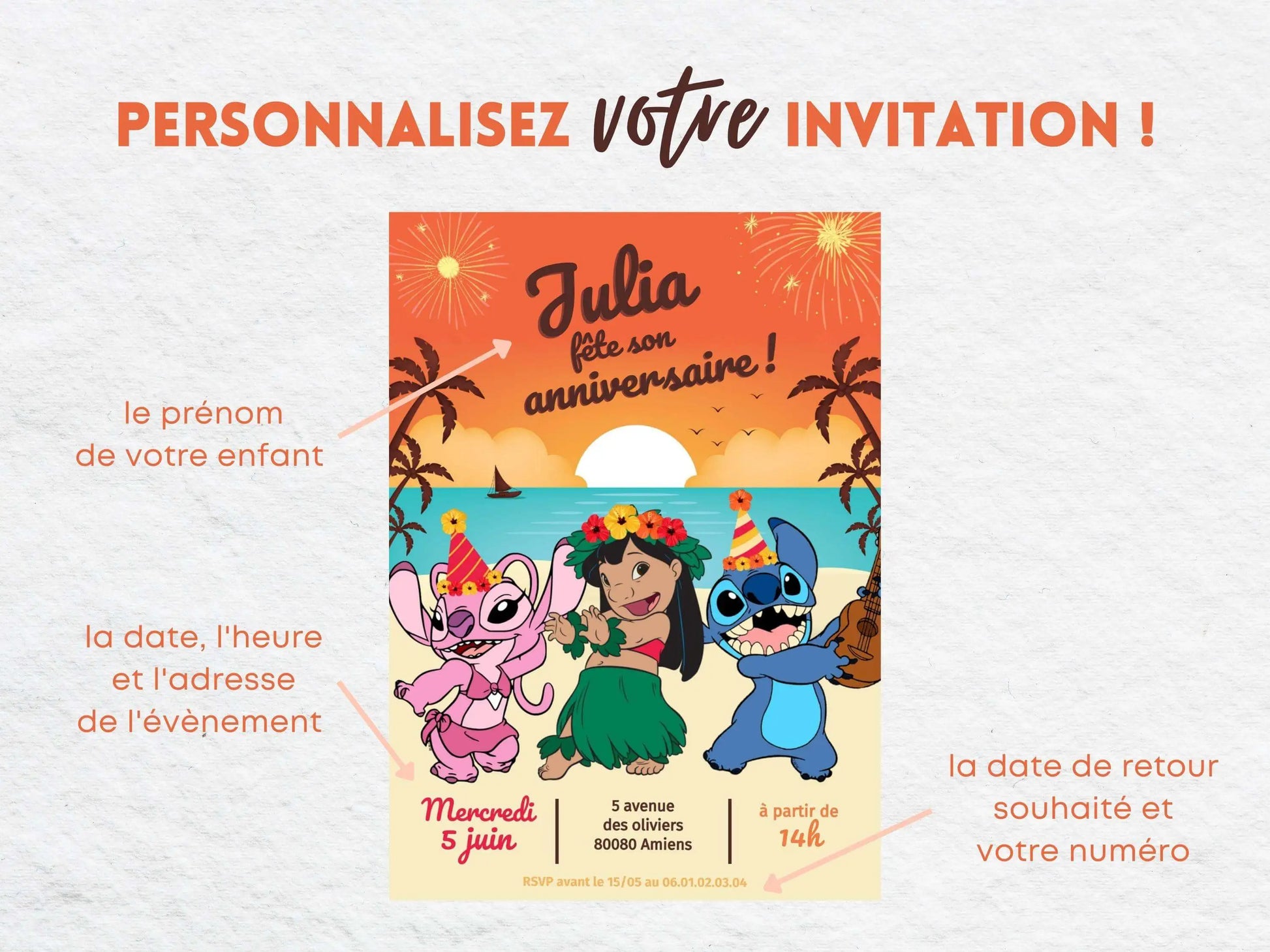 Invitations personnalisées anniversaire LILO, STITCH et ANGEL