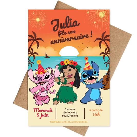 Invitations personnalisées anniversaire LILO, STITCH et ANGEL