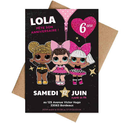 Invitations personnalisées anniversaire POUPÉE LOL