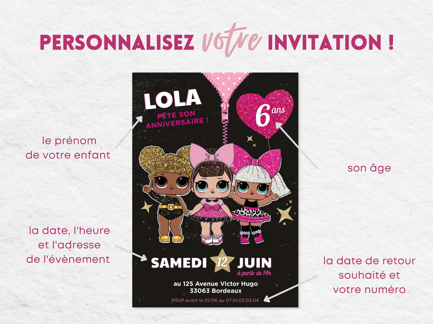 Invitations personnalisées anniversaire POUPÉE LOL