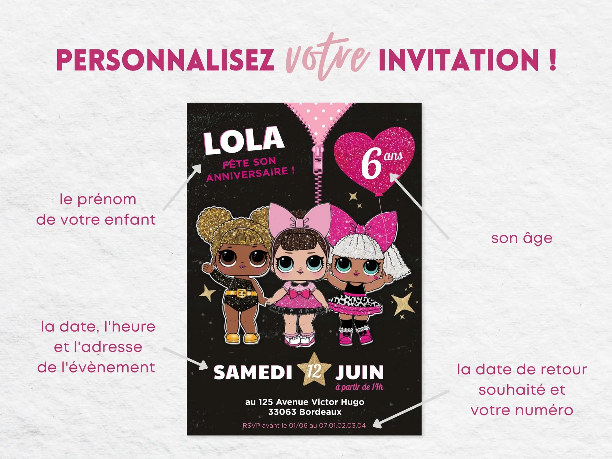 Invitations personnalisées anniversaire POUPÉE LOL