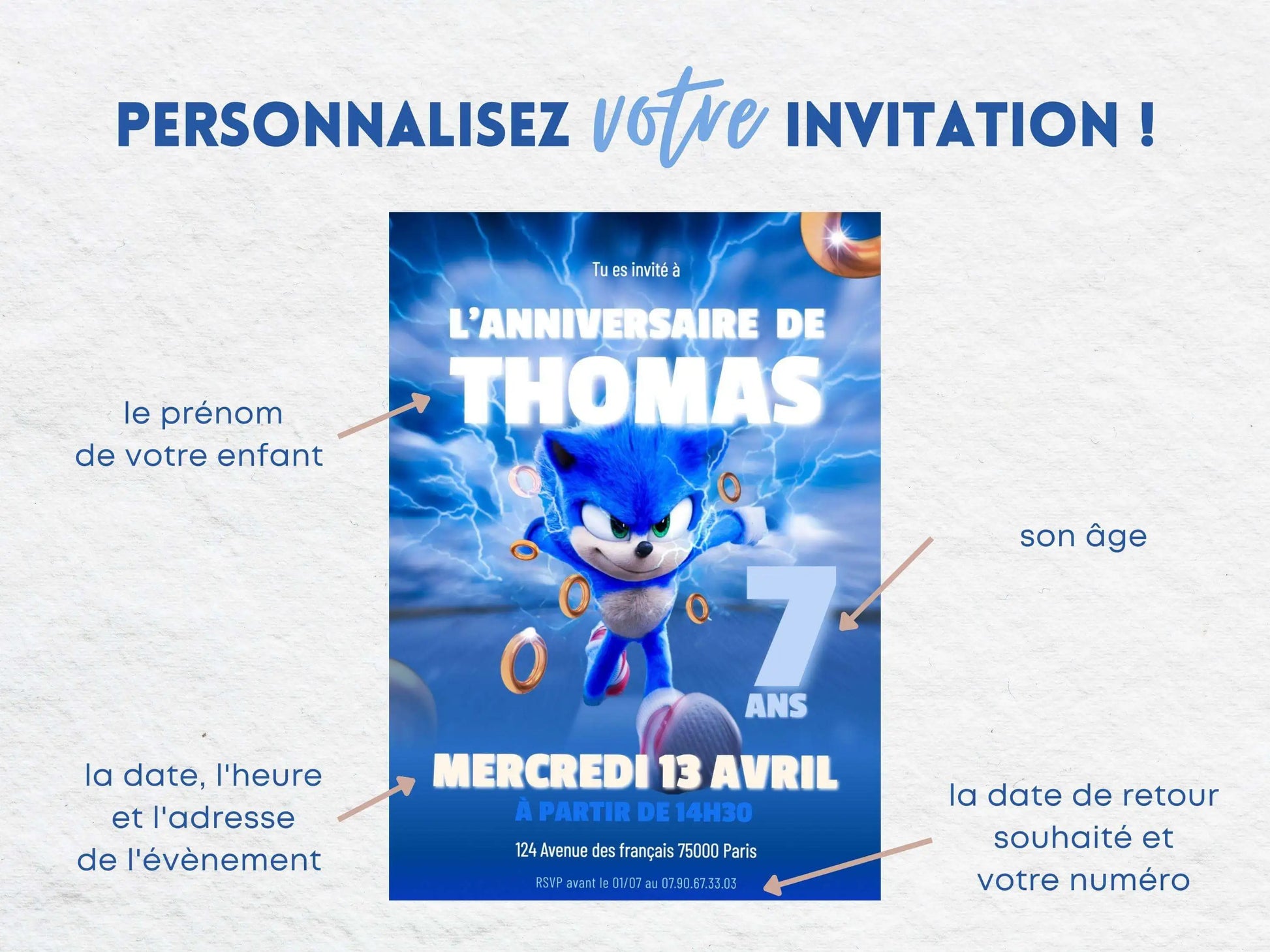 Invitations personnalisées anniversaire SONIC