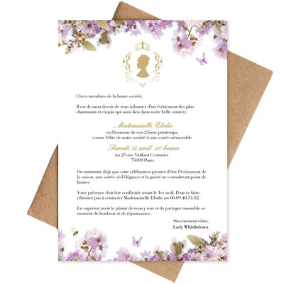 Invitations personnalisées avec fleurs BRIDGERTON violet