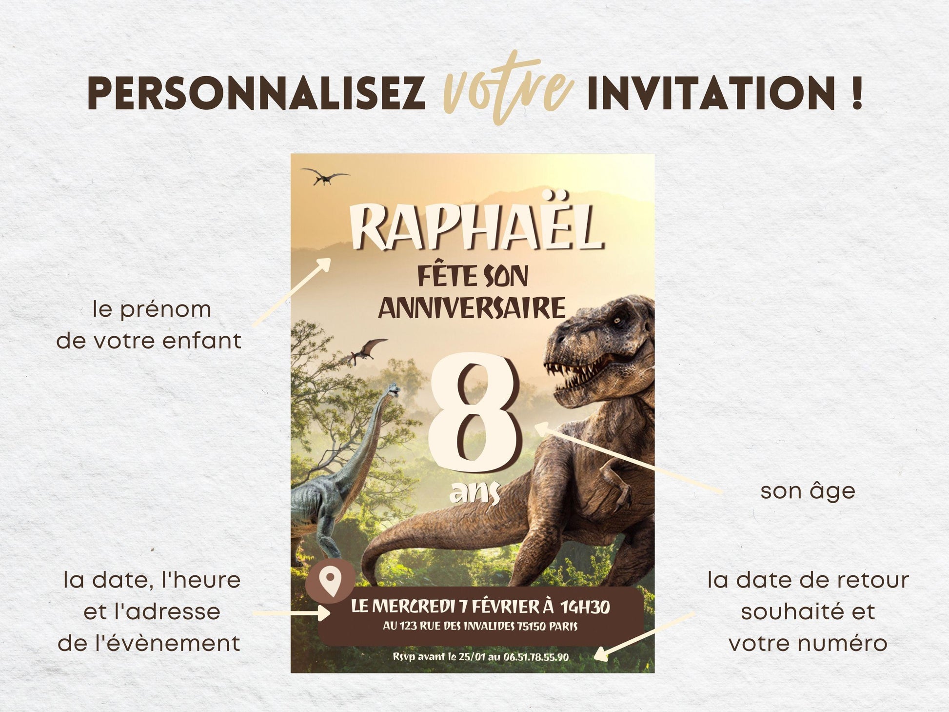 Invitations personnalisées DINOSAURE - Papettelie