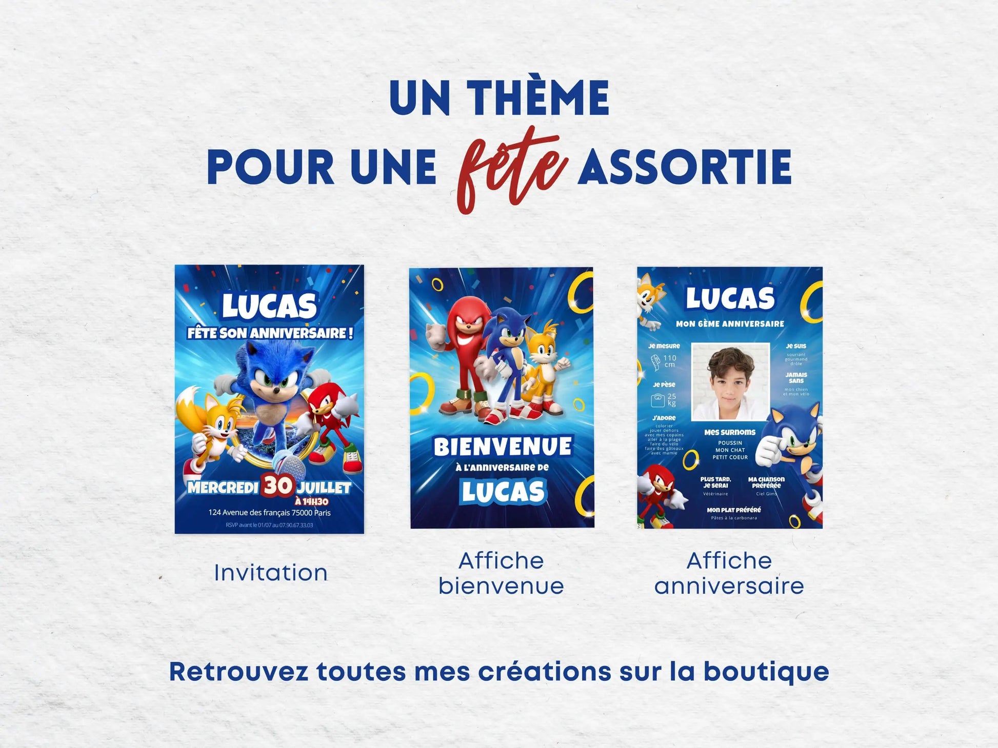 Papeterie anniversaire Sonic assortie avec invitation personnalisée, affiche bienvenue et affiche anniversaire garçon