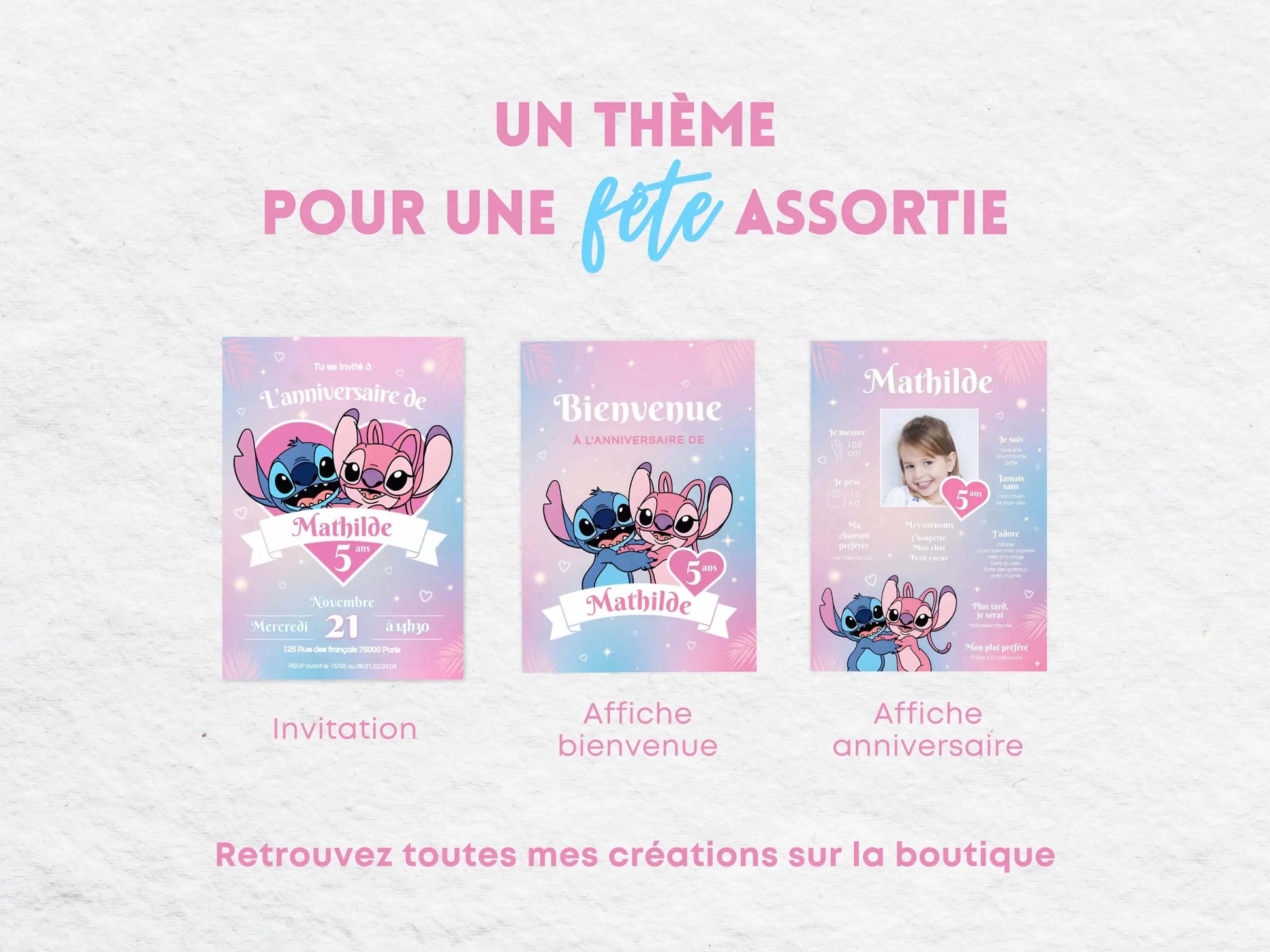 Papeterie thème anniversaire Stitch et Angel (invitation, affiche)