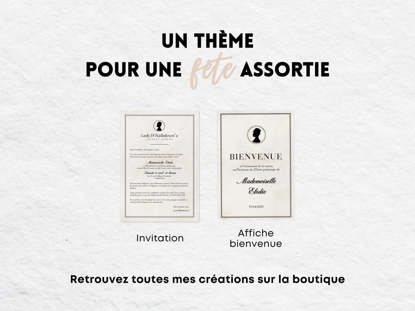 Papeterie anniversaire thème Bridgerton avec invitation et affiche bienvenue personnalisées, décoration assortie pour fête élégante style Lady Whistledown