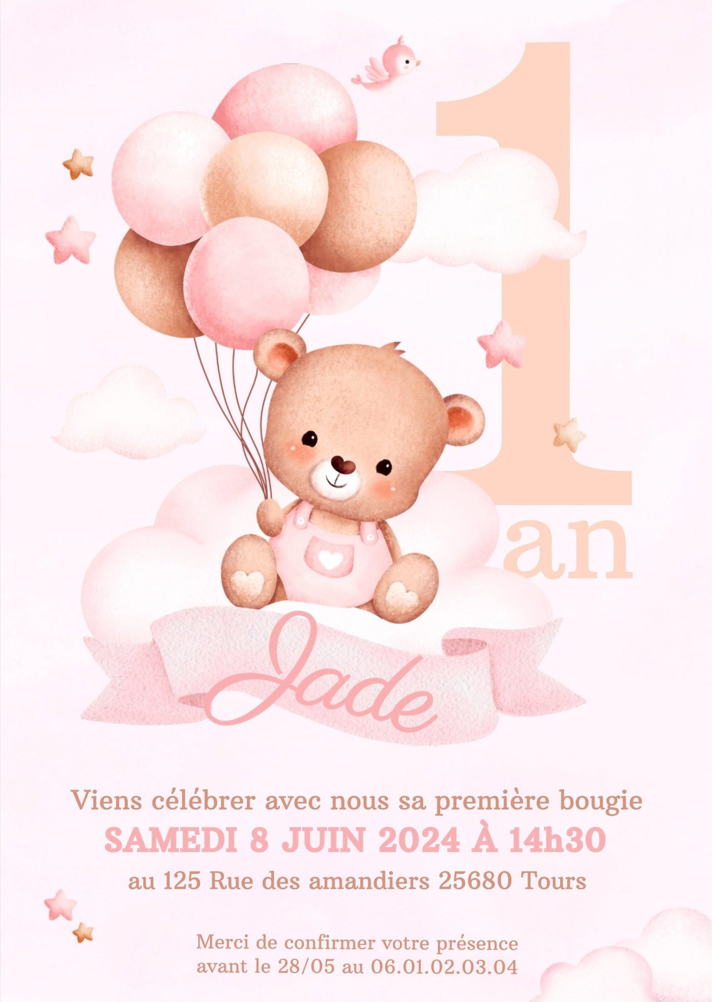 Invitations personnalisées OURSON ROSE - Papettelie