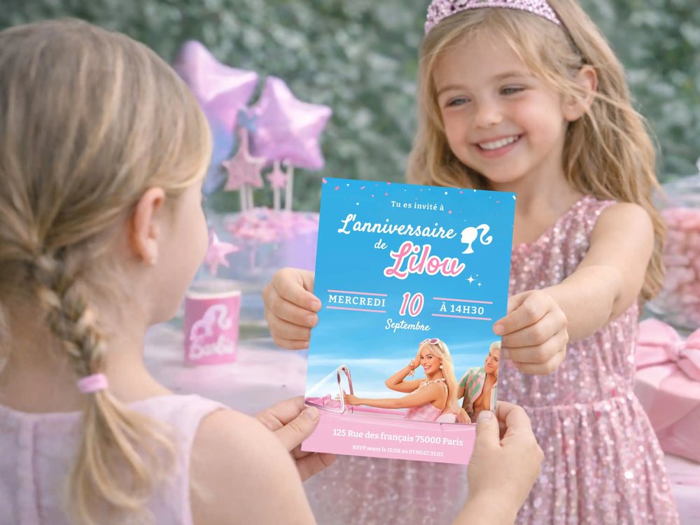 Invitation anniversaire Barbie personnalisée imprimée sur papier premium avec enveloppe, papeterie anniversaire fille thème Barbie
