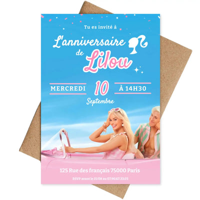 Invitation anniversaire Barbie personnalisée imprimée sur papier premium avec enveloppe, papeterie anniversaire fille thème Barbie